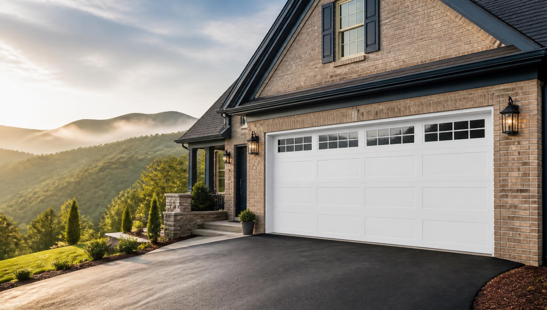 New white insulated garage door on a brick home with Smoky Mountain ridges behind it
